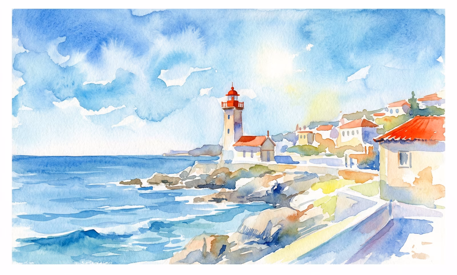 Watercolor coastal scene with a lighthouse and seaside town — HL7 FHIR Camp 2026, Cascais