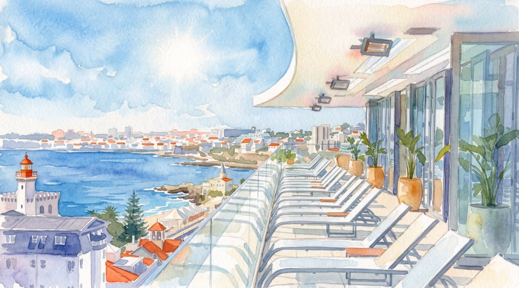 Watercolor illustration of a sunny rooftop terrace overlooking the bay and Cascais–Estoril coastline — Evolution Cascais-Estoril