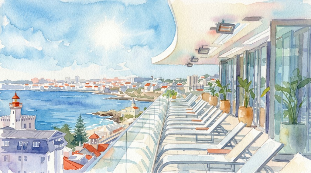 Watercolor illustration of a sunny rooftop terrace overlooking the bay and Cascais–Estoril coastline — Evolution Cascais-Estoril