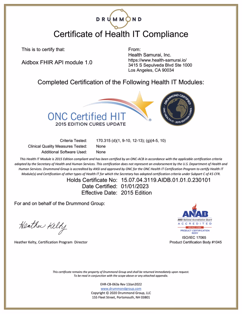 Drummond ONC Certified HIT certificate