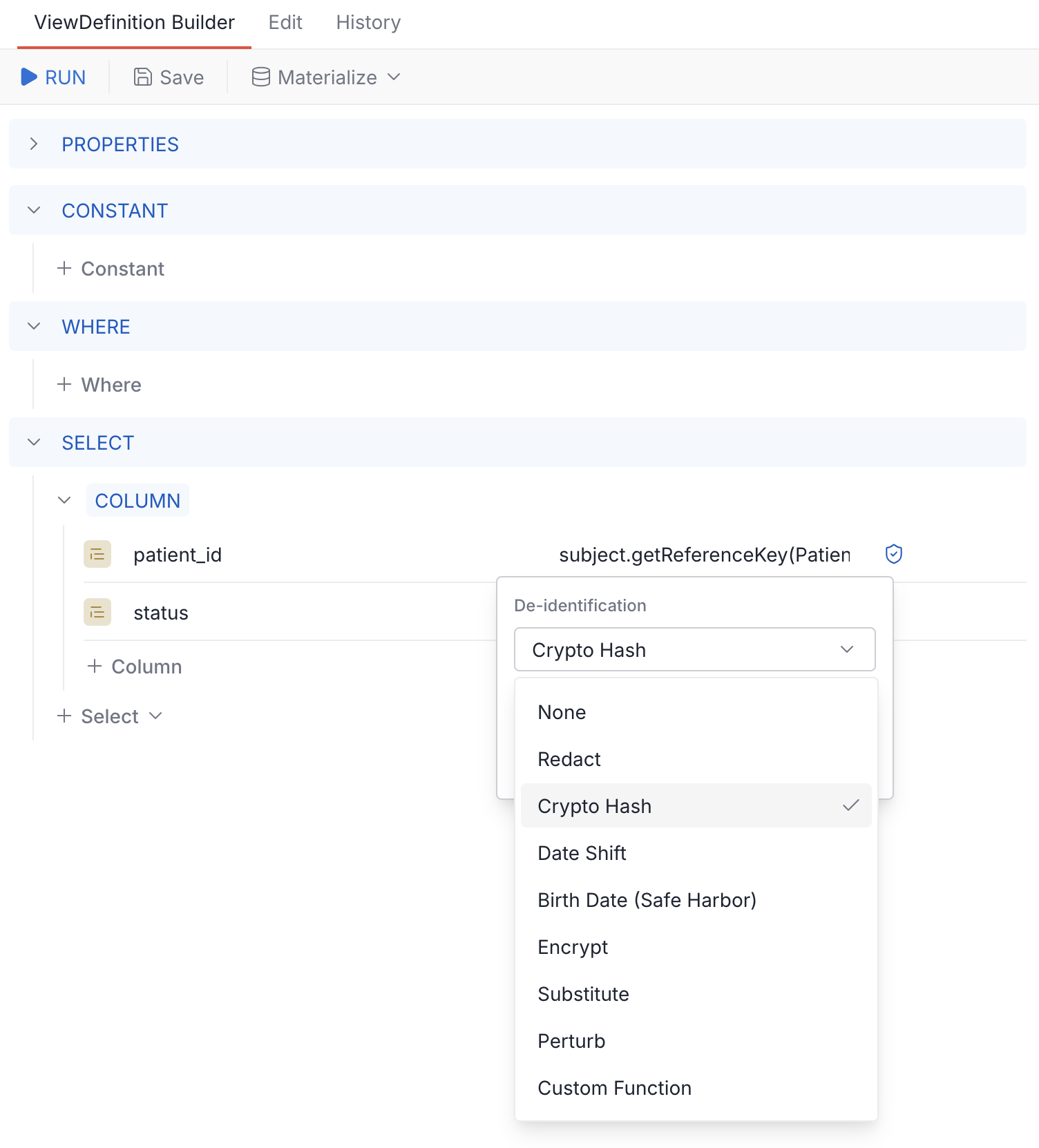 Set up de-identification in ViewDefinition Builder
