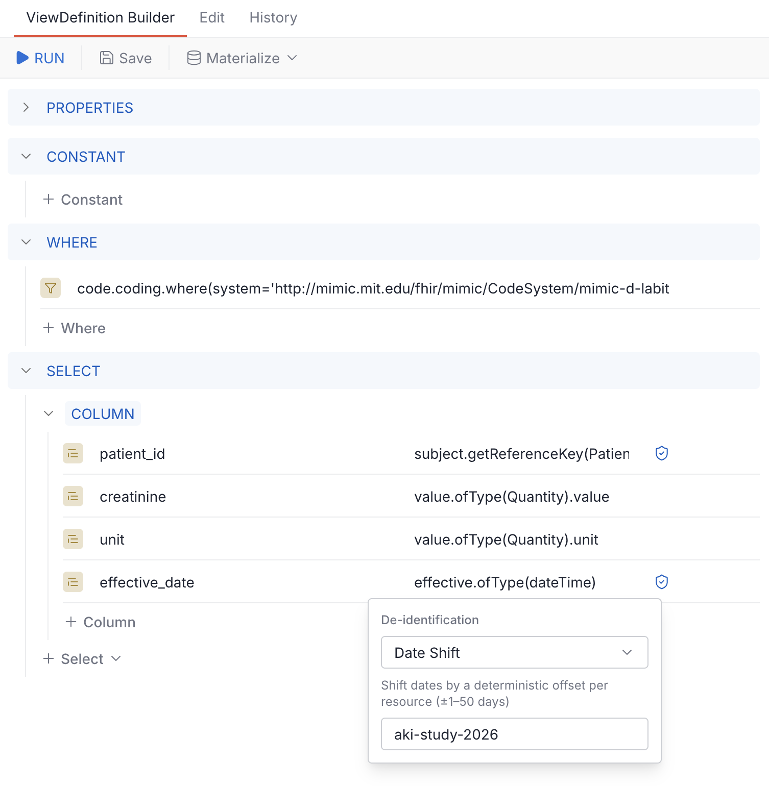 Create the ViewDefinition in the builder interface and configure de-identification methods on each column