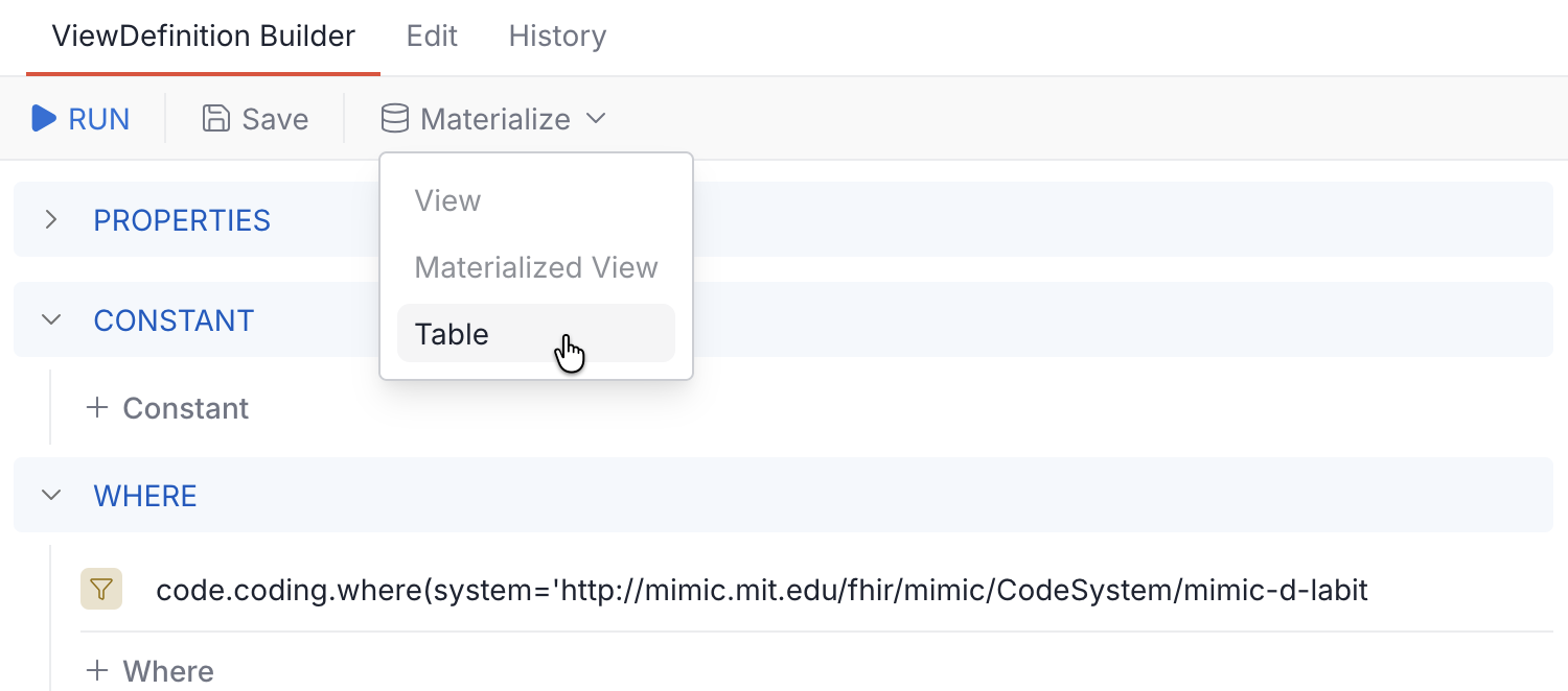 Materialize the ViewDefinition as a table