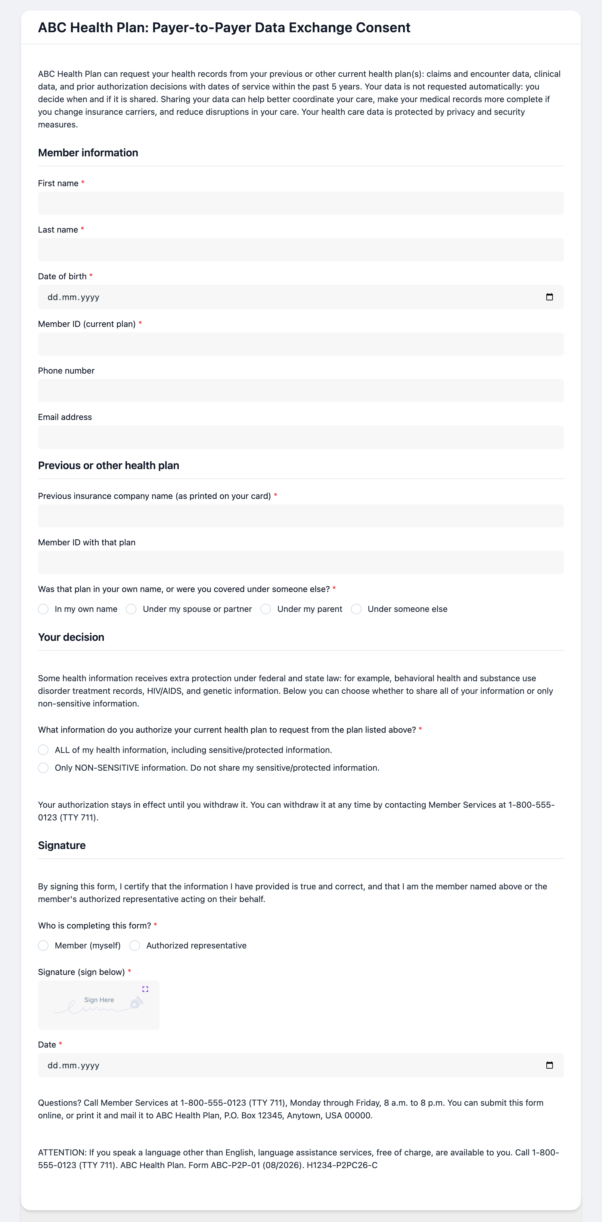 Member-facing consent form headed ABC Health Plan: Payer-to-Payer Data Exchange Consent. It collects the member's first and last name separately, date of birth and current member ID; the previous insurance company name as printed on the card, the member ID with that plan, and whether that plan was in the member's own name or a spouse's, parent's or someone else's; a choice between sharing all health information including sensitive records or only non-sensitive information; and a signature block asking whether the member or an authorized representative is completing it.
