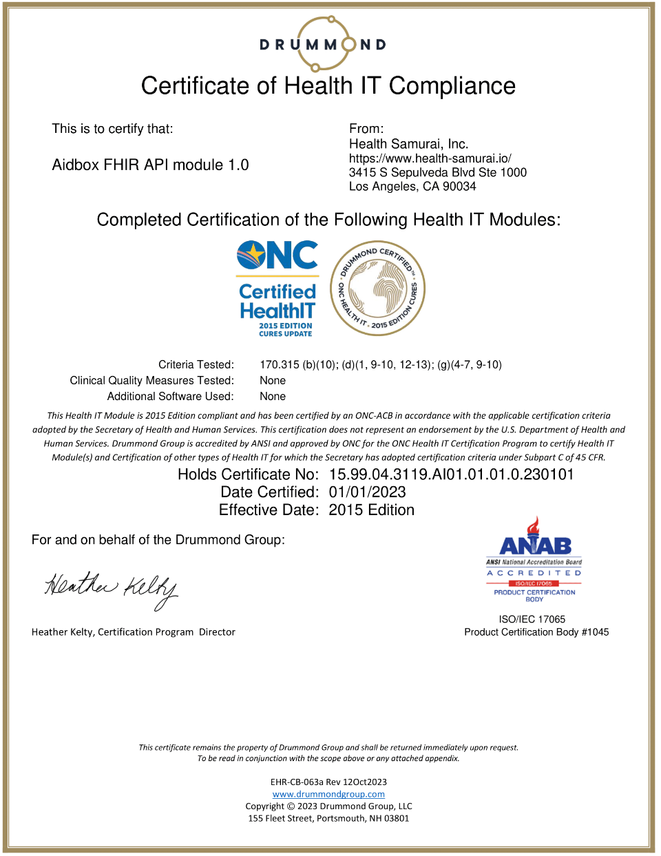 Drummond Health IT complaince ceritifcate for Aidbox ONC-certified API tools